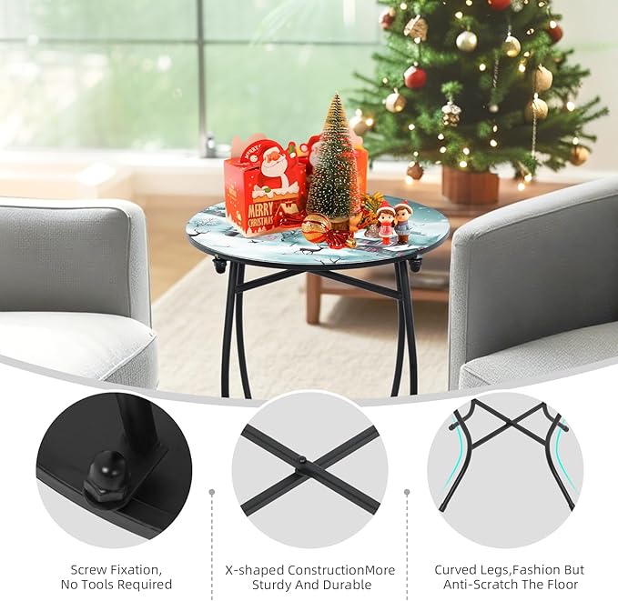 21" H Metal Side Table, Unique Christmas Tabletop with Metal Frame, Round End Bedside Table Accent Table for Bedroom Patio Yard Porch Balcony Garden