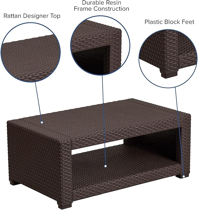 Flash Furniture Seneca Indoor/Outdoor Chocolate Brown Faux Rattan Coffee Table with Open Storage - Photo 4