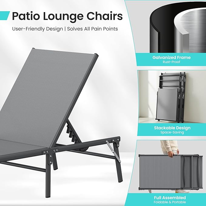 Amopatio Foldable Patio Lounge Chairs Outdoor Portable Pool Chaise Lounge Set of 2 with Side Table for Outside, Weather Resistant, 5-Position Adjustable Backrest, 400 LBS Capacity,Gray