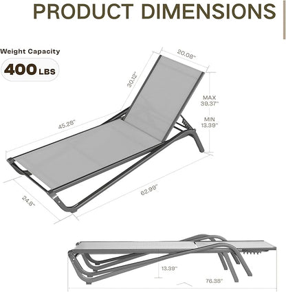 Kingdura Chaise Lounge Chair for Pool, Aluminum Outdoor Lounge Chairs with 5 Positions Recliner, Lightweight Pool Lounger Lounge Chairs for Outside Patio Deck Poolside (Grey, 2 Chairs & 1 Table)