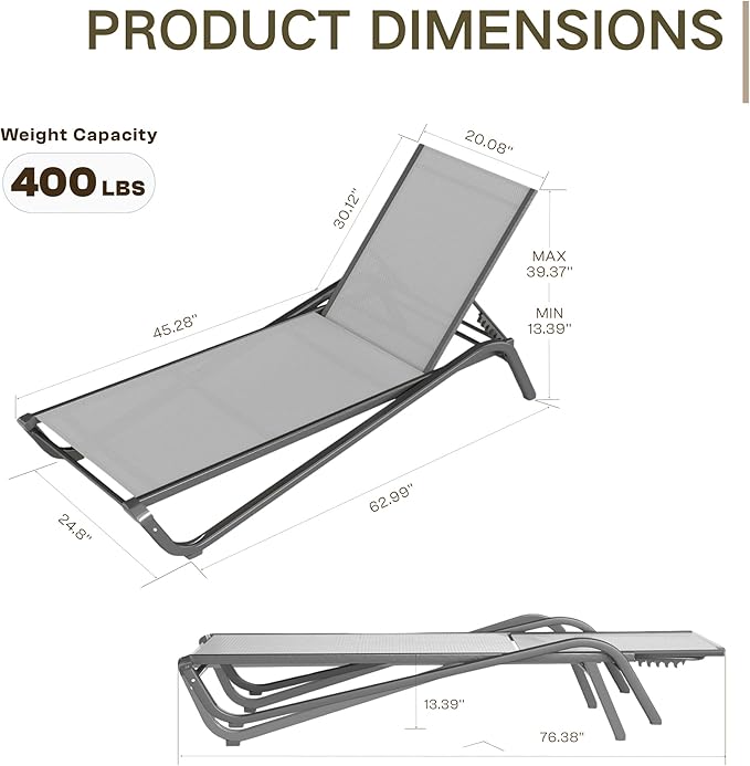 Kingdura Chaise Lounge Chairs Set for Pool, Aluminum Outdoor Lounge Chairs with 5 Positions Recliner, Lightweight Pool Lounger Lounge Chairs for Outside Patio Deck Poolside (Grey, 1 Chair)