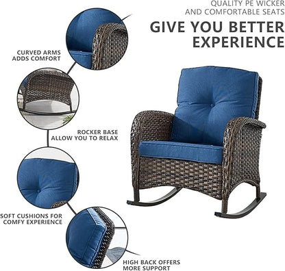 Belord Patio Rocking Chairs Furniture Set of 6, Outdoor Wicker Furniture Sets with Wicker Rocker, Small Patio Conversation Sets with Outdoor Couch Ottomans Brown/Blue