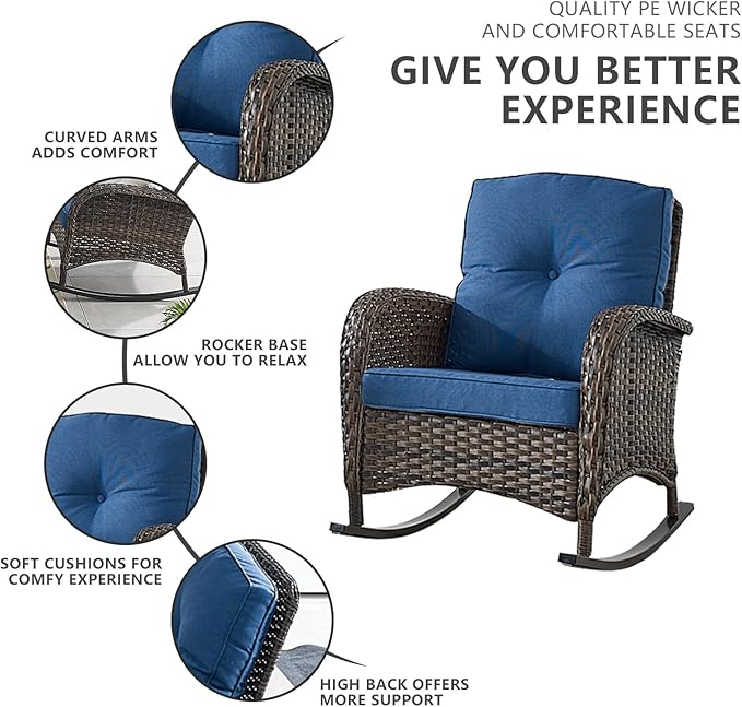 Belord Patio Rocking Chairs Furniture Set - 5 Piece Outdoor Wicker Furniture Sets with Ottomans, Small Patio Conversation Sets with Wicker Rocking Chairs Brown/Blue