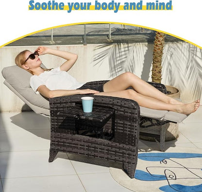 Outdoor Recliner Chairs Set of 2 Reclining Patio Chairs with Adjustable Back and Extended Footrest Wicker Rattan Recliner Chairs with Flip Table and Removable Cushion