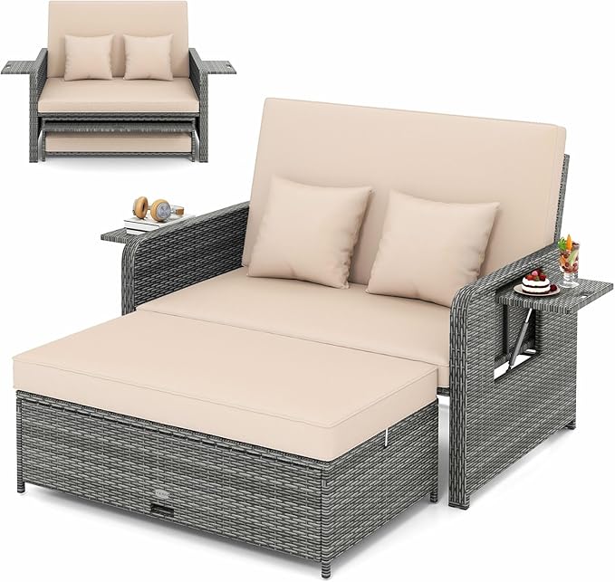 LDAILY Moccha Outdoor Daybed, Wicker Loveseat Sofa Set with 4-Postion Adjustable Backrest, Storage Ottoman, Cushions - Photo 1