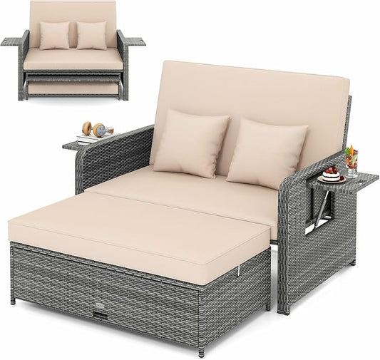 LDAILY Moccha Outdoor Daybed, Wicker Loveseat Sofa Set with 4-Postion Adjustable Backrest, Storage Ottoman, Cushions, Rattan Double Bed Lounger, Patio Furniture Set (Mixed Gray+Beige)