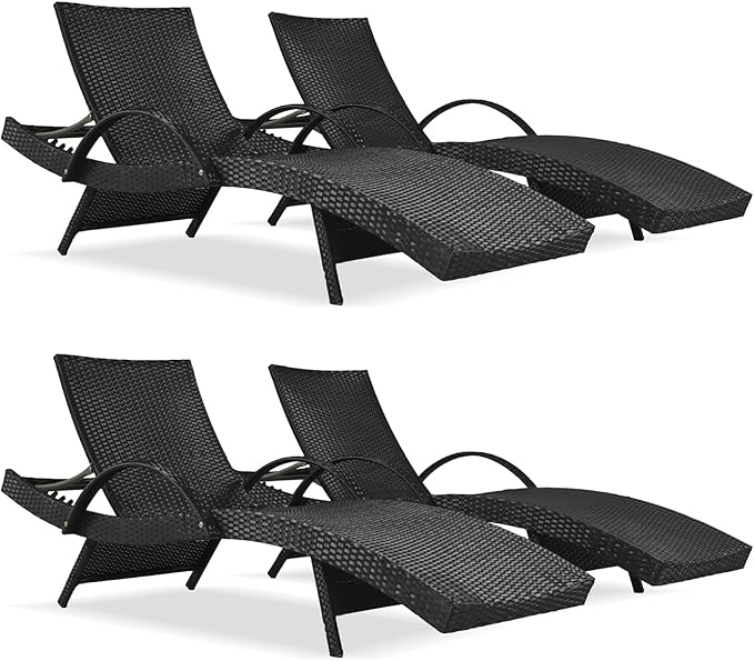 Yayzy 80'' Long Outdoor Wicker Chaise Lounge Chairs Set of 4, Patio Rattan Reclining Chair with Adjustable Backrest & Armrests, Durable PE Rattan Sunbathing Chairs for Pool, Garden, Backyard, Black
