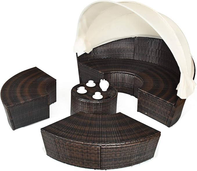 Tangkula Patio Round Daybed with Retractable Canopy, Outdoor Wicker Rattan Furniture Sets - Photo 4