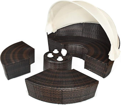 Tangkula Patio Round Daybed with Retractable Canopy, Outdoor Wicker Rattan Furniture Sets, Sectional Cushioned Sofa Set w/Height Adjustable Coffee Table, Rattan Conversation Sets (Beige)