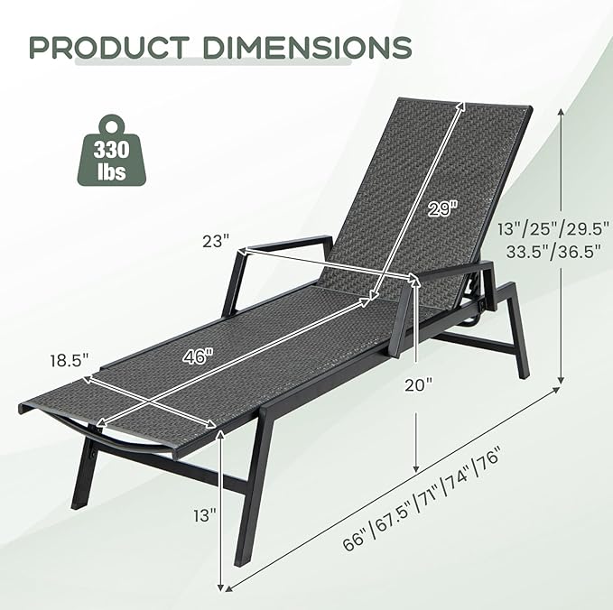 Tangkula Outdoor Rattan Chaise Lounge, Woven PE Wicker Reclining Chair with Armrests & 5-Position Backrest, Heavy-Duty Metal Frame, Patio Recliner Lounge for Porch, Backyard (1, Brown)
