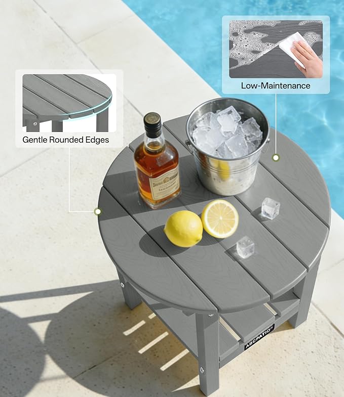 Outdoor Side Table Round - Patio Side Tables - HDPE Small Outdoor End Table for Backyard Pool Porch Balcony - Double Layer Storage - Dark Gray (Wood Grain Finish)