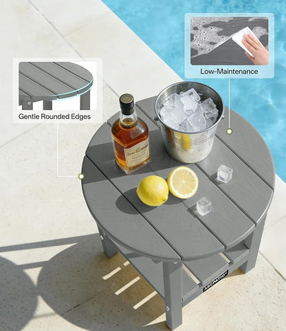 Outdoor Side Table Round - Patio Side Tables - HDPE Small Outdoor End Table for Backyard Pool Porch Balcony - Double Layer Storage - Dark Gray (Wood Grain Finish)