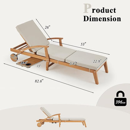 HOMREST Wood Chaise Lounge Recliner Set of 2, 83x23in Patio Chaise Lounger Recliner with Slide-Out Side Table & Cup Holder, Foam-Padded Cushion, Adjustable Backrest, Wheels (Beige)