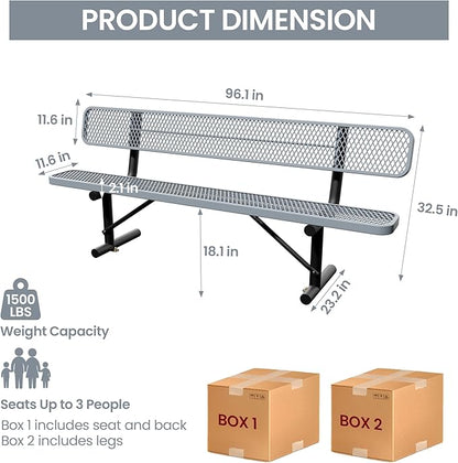 8 Feet Steel Park Bench for Outside, Outdoor Bench with Backrest & Portable Frame, Commercial Benches for Shopping Malls, Stores, Parks, Patios, Decks, Grey