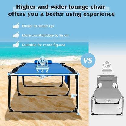GYMAX Lounge Chair for Outside, 440lbs 27” Oversize Folding Beach Tanning Sunbath Chair with Adjustable Backrest & Removable Pillow, Lightweight Portable Patio Lounger for Lawn Poolside (Blue,1)