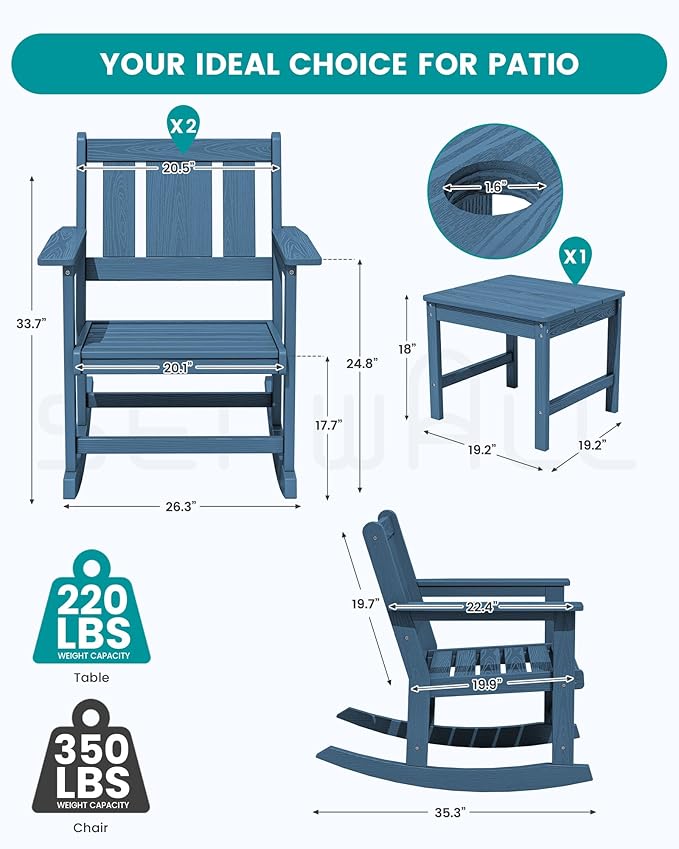 SERWALL HDPE Outdoor Rocking Chairs Set of 6, All Weather 4 Porch Rockers with 2 Side Tables - Photo 2