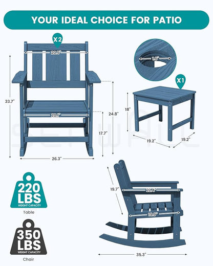 SERWALL HDPE Outdoor Rocking Chairs Set of 6, All Weather 4 Porch Rockers with 2 Side Tables, Waterproof Patio Conversation Set for Fire Pit, Garden, Backyard, Blue