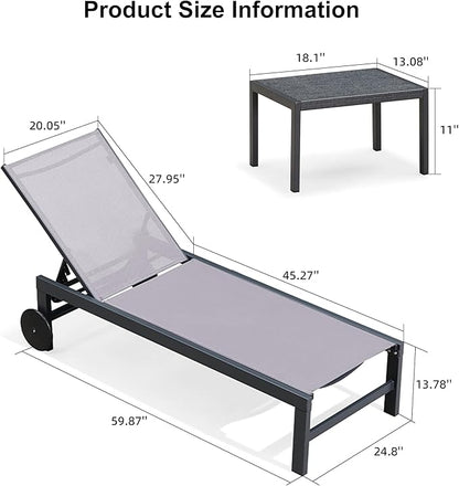PURPLE LEAF Outdoor Chaise Lounge with Wheels for Outside 4 Pieces Aluminum Patio Lounge Chair with 5 Adjustable Position Recliner for Patio Beach Yard Pool Side Table Included Light Grey