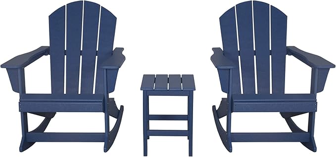 WO WESTIN OUTDOOR HDPE Laguna Outdoor Rocking Poly Adirondack Chair with Side Table 3-Piece Set, Navy Blue