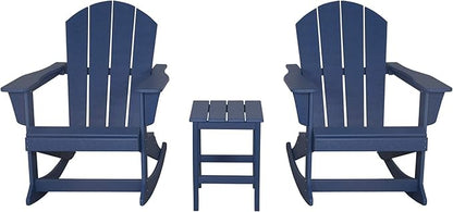WO WESTIN OUTDOOR HDPE Laguna Outdoor Rocking Poly Adirondack Chair with Side Table 3-Piece Set, Navy Blue