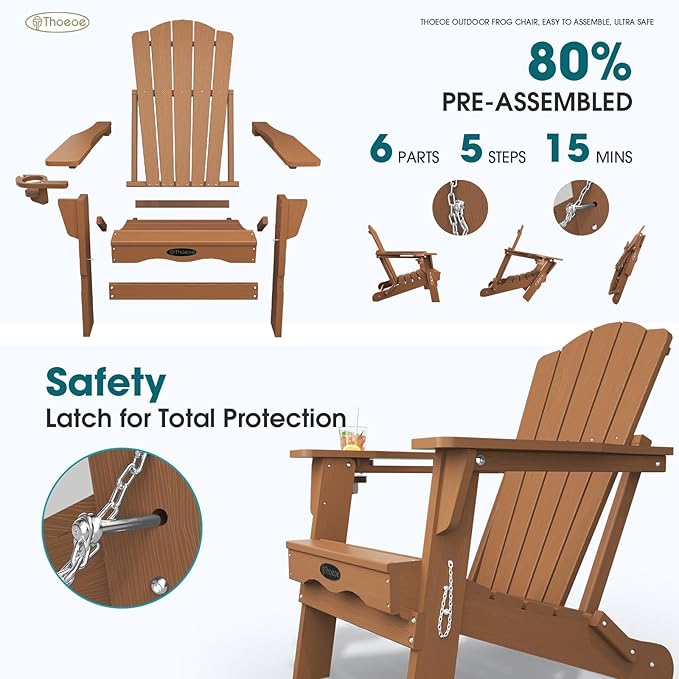 Folding Adirondack Chair Set of 4, HDPE All-Weather Outdoor Chair with Cup Holder, Wooden Textured, Fire Pit Chair - Photo 4