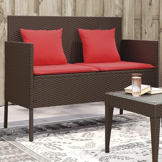 Garden Bench Brown PE Rattan, Powder-Coated Steel Compact Patio Bench Outdoor Benches for Balcony Garden