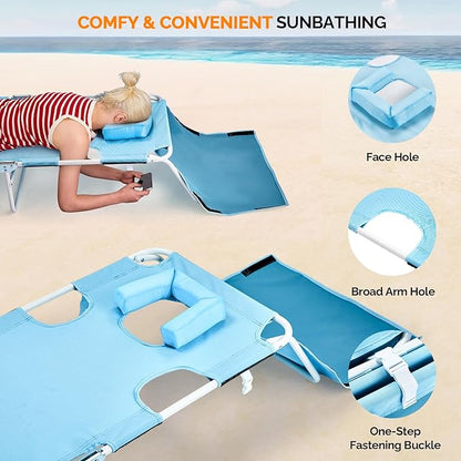 VINGLI Tanning Chair, Beach Lounge Chair with Face Hole, Lounge Chair Outdoor, Height-Adjustable Tanning Lounger, Anti-Tip Design, Carrying Bag, 475lbs, Blue