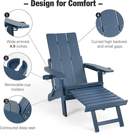 Mega Casa Poly Lumber Adirondack Chair with Cup Holders, Ottoman and Cushion, Adjustable Backrest, All-Weather Resistant HIPS Material, Wood-Like Pattern, Heavy Duty 700 LBS (Navy Blue)