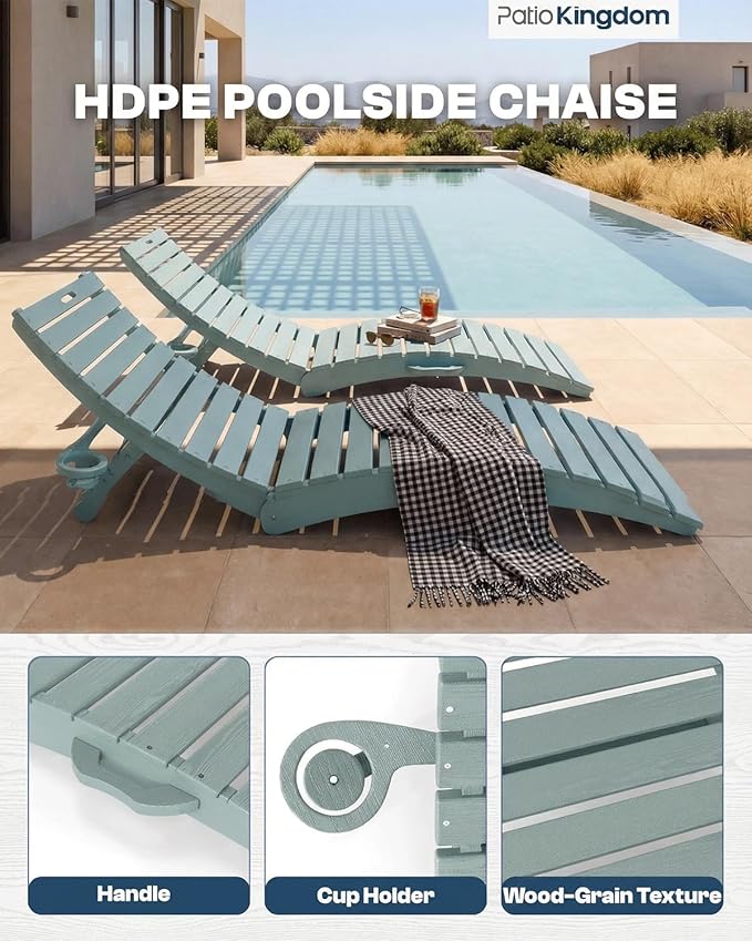 in-Pool Lounge Chairs Set of 2, Folding HDPE Pool Chairs Anti-Floating No Sandbags with Cup Holder & Handles, Outdoor Chaise Lounge for Poolside, Patio & Sun Deck(Light Blue)