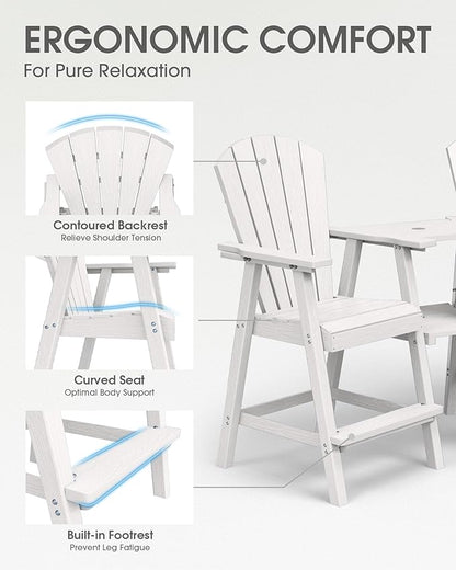 Tall Adirondack Chairs Set of 2, HDPE High Adirondack Chairs with Double Removable Trays, All Weather Outdoor Barstools for Patio, Balcony, Backyard, Deck and Garden, White