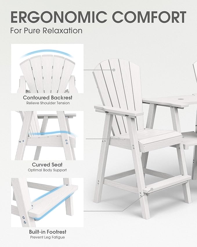 Tall Adirondack Chairs Set of 4, HDPE High Adirondack Chairs with Double Removable Trays, All Weather Outdoor Barstools for Patio, Balcony, Backyard, Deck and Garden, White