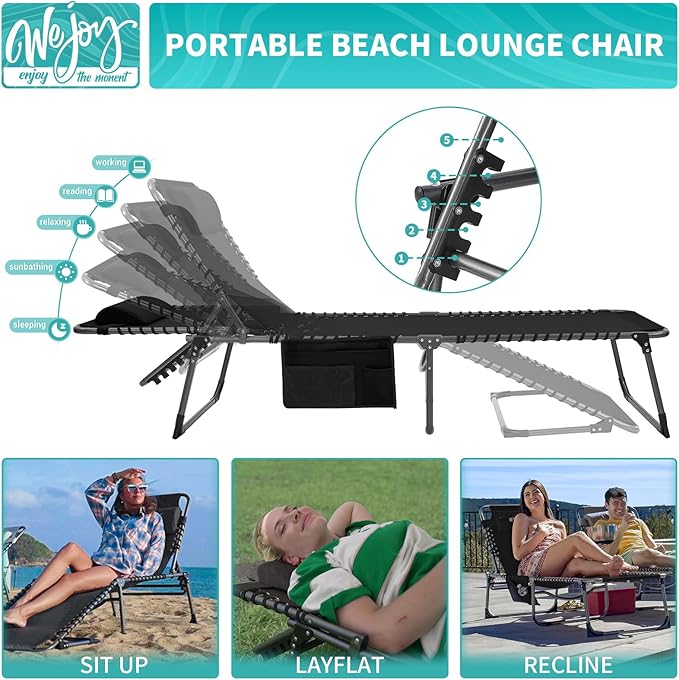 #WEJOY Folding Lounge Chair Outdoor, 5-Position Adjustable Sunbathing Tanning Chair with Shoulder Strap & Side Pocket - Photo 3