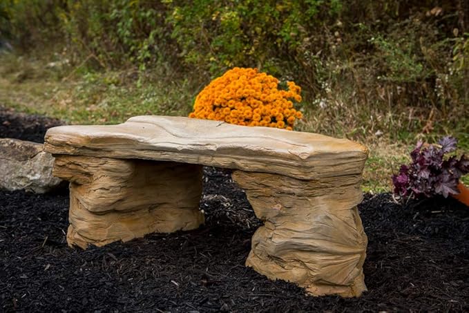 Cast Stone Petrified Rock Bench - 3 Piece Concrete Patio Furniture, Hand Sculpted Fine Cast Stone