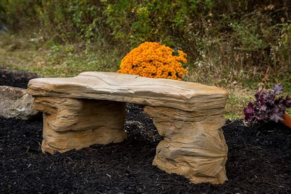 Cast Stone Petrified Rock Bench - 3 Piece Concrete Patio Furniture, Hand Sculpted Fine Cast Stone