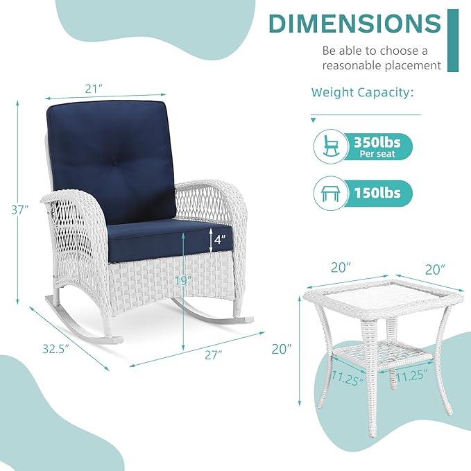 MEETWARM 3 Pieces Patio Conversation Set, Rattan Outdoor Rocking Patio Bistro Set with 2 Rockers and 1 Side Table with 4" Thick Cushions, Outdoor Furniture Set for Porch Backyard, White Wicker/Navy