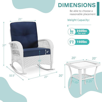 MEETWARM 3 Pieces Patio Conversation Set, Rattan Outdoor Rocking Patio Bistro Set with 2 Rockers and 1 Side Table with 4" Thick Cushions, Outdoor Furniture Set for Porch Backyard, White Wicker/Navy