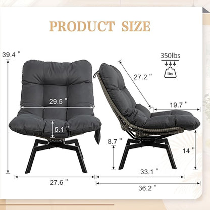 Vongrasig Swivel Wicker Chair PE Rattan Chair with Cushion, Oversized Patio Lounge Chair for Outdoor, Indoor, Balcony, Backyard, Garden, Living Room, Black Rattan