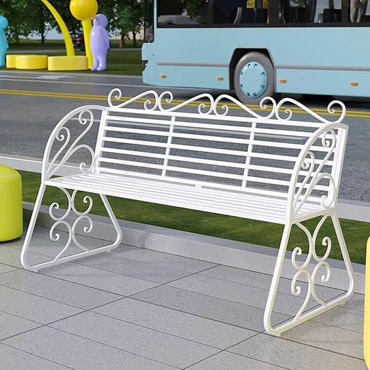 2-Seat Patio Porch Bench 45"，Outdoor Metal Garden Bench，Weather Proof Porch Path Chair，Patio Bench with Backrest and Armrests，Patio Bench for Lawn Path Yard Decor Deck Furniture(White)