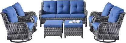 Rilyson Wicker Patio Furniture Sets - 7 Piece Rattan Outdoor Sectional Conversation Set with 4 Swivel Rocking Chairs,2 Ottomans and 1 Sofa for Porch Deck Garden(Mixed Grey/Blue)