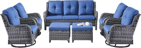 Rilyson Wicker Patio Furniture Sets - 7 Piece Rattan Outdoor Sectional Conversation Set with 4 Swivel Rocking Chairs,2 Ottomans and 1 Sofa for Porch Deck Garden(Mixed Grey/Blue)