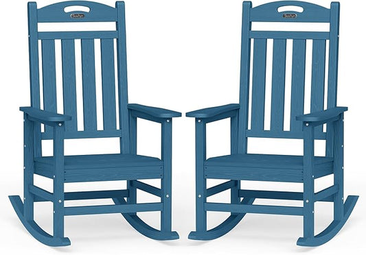 Oversized Outdoor Rocking Chairs Set of 2, High Back Outdoor Rocker Chair, HDPE Rocking Chairs for Patio, 380lbs Weight Capacity, Navy Blue