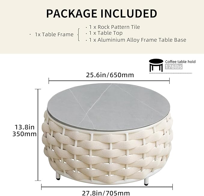 TWT Outdoor Coffee Table Round Centerpiece Table, Lightweight Accent Table with Hand Woven Rope Decor for Garden and Patio(Olefin Rope, Beige)