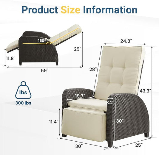 Green4ever Outdoor Patio Recliner with Adjustable Backrest and Footrest, All-Weather Wicker Patio Chair, 160° Lay Flat Patio Reclining Lounge Chair for Garden Backyard, Beige