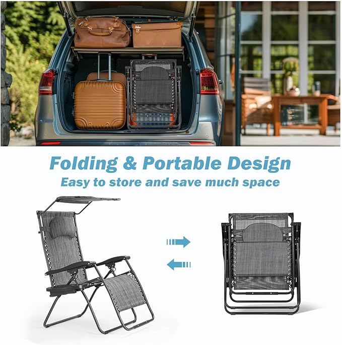Goplus Zero Gravity Chairs, X-Large Folding Lounge Lawn Chair w/Canopy Shade & Cup Holder - Photo 7