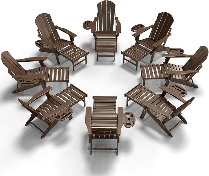 Adjustable Adirondack Chair with Retractable Ottoman Set of 8, HDPE Folding Adirondack Chair with Cup Holder, All Weather Fire Pit Chair for Outdoor.