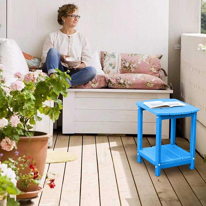 Adirondack Square Outdoor Side Table,2-Tier Storage Patio Side Table, HDPE End Tables for Backyard Pool Porch Garden Lawn (Pacific Blue)