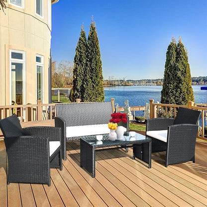 4PCS Patio Rattan Furniture Conversation Set Cushioned Sofa Table Garden Single Sofa