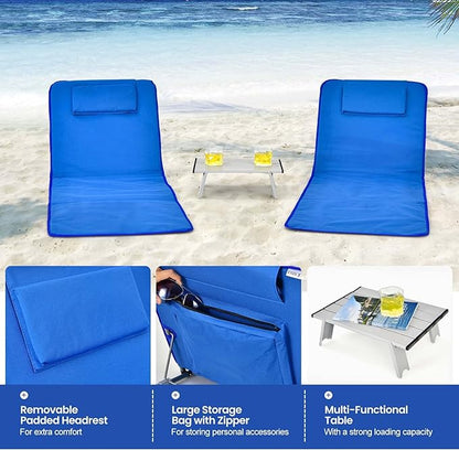 Giantex Beach Chairs for Adults 2 Pack Set with Side Table, Folding Lounge Chairs, 5 Position Adjustable Lawn Chair for Sunbathing, Patio Chaise Lounge Lightweight Backpack Camping Chairs (Navy)