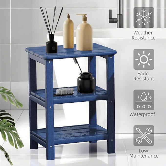 3 Tier Outdoor Side Table Adirondack Side Table HDPE End Table Patio Side Table Rectangle Tables for Outdoor Backyard Garden Balcony (Retro, Blue)