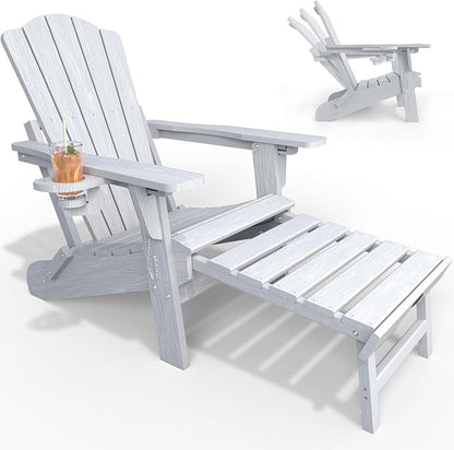 Adjustable Adirondack Chairs with Retractable Ottoman, HDEP Folding Adirondack Chair with Footrest & Cup Holder, All Weather Fire Pit Chair for Outdoor,White